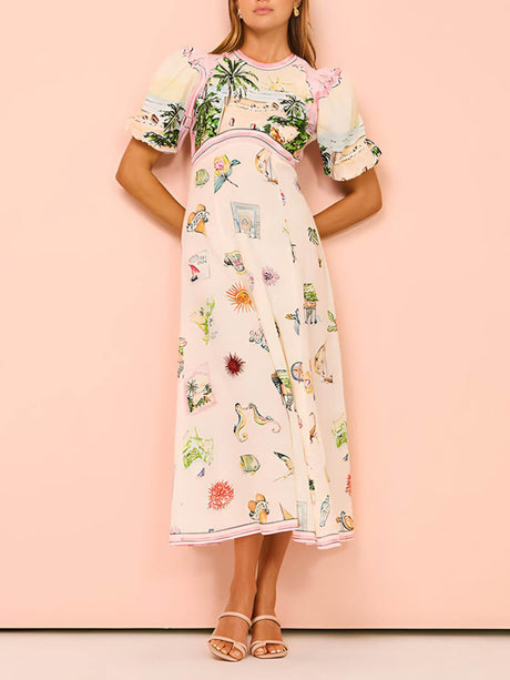 Aurohaya Feature Printed Ethnic Style Round Neck Midi Dress