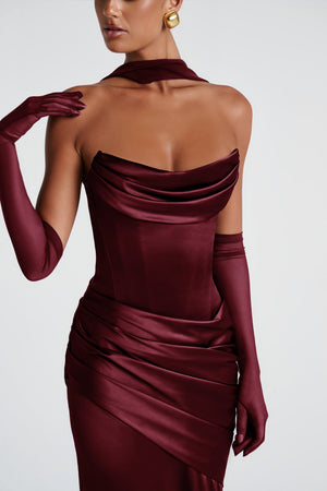 Aurohaya Marilou Burgundy Ruched Satin Maxi Dress