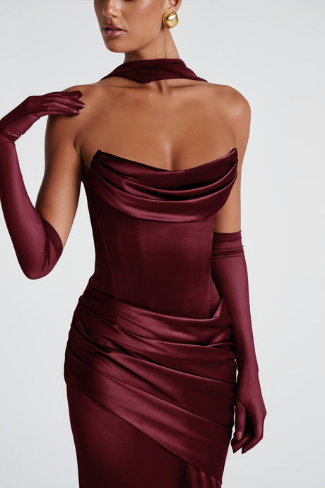 Aurohaya Marilou Burgundy Ruched Satin Maxi Dress