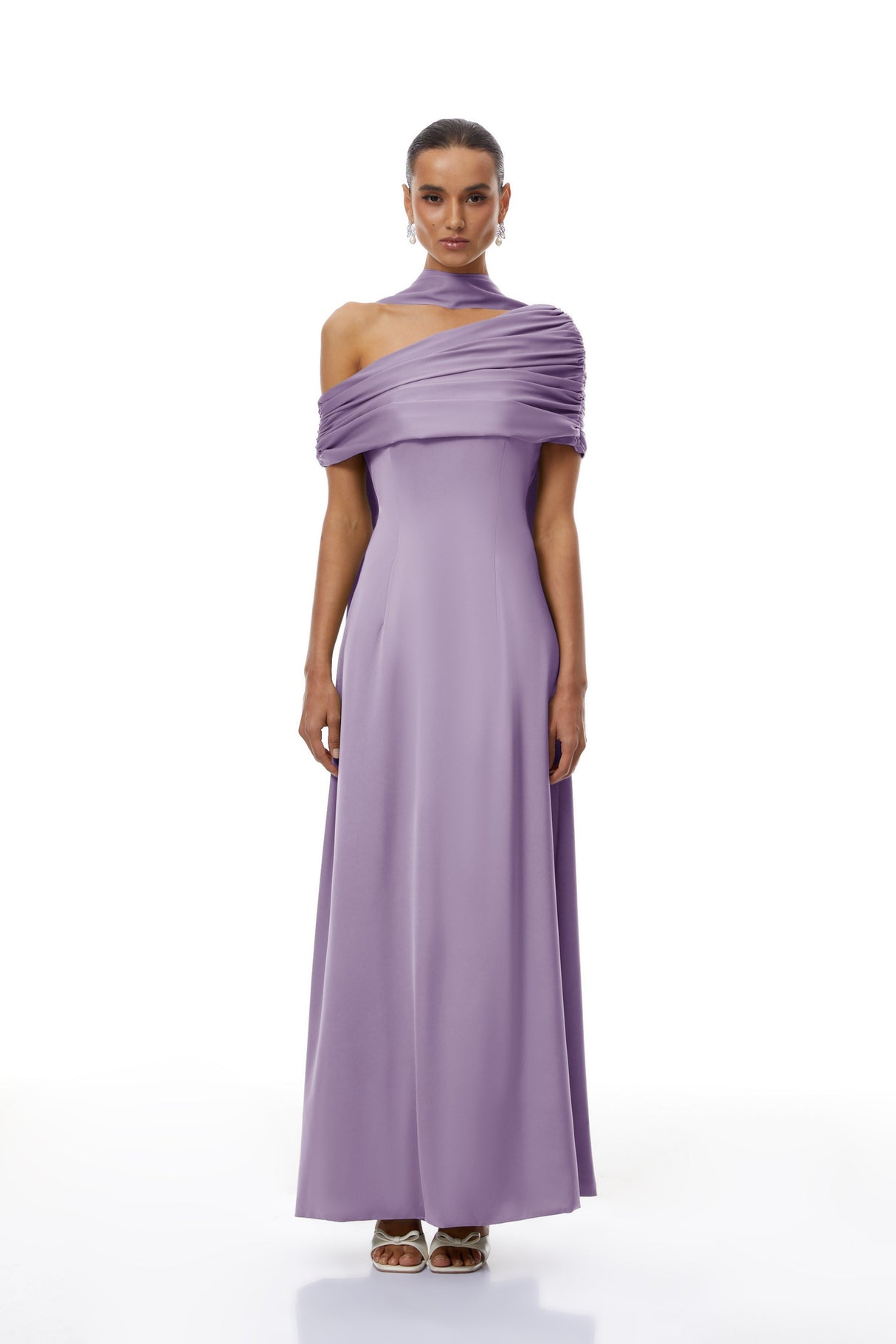 Aurohaya Benedetta Lilac One Shoulder Satin Maxi Dress