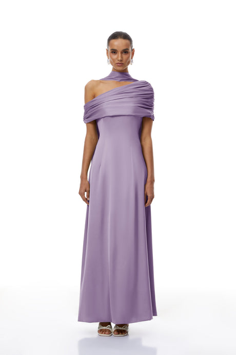 Aurohaya Benedetta Lilac One Shoulder Satin Maxi Dress