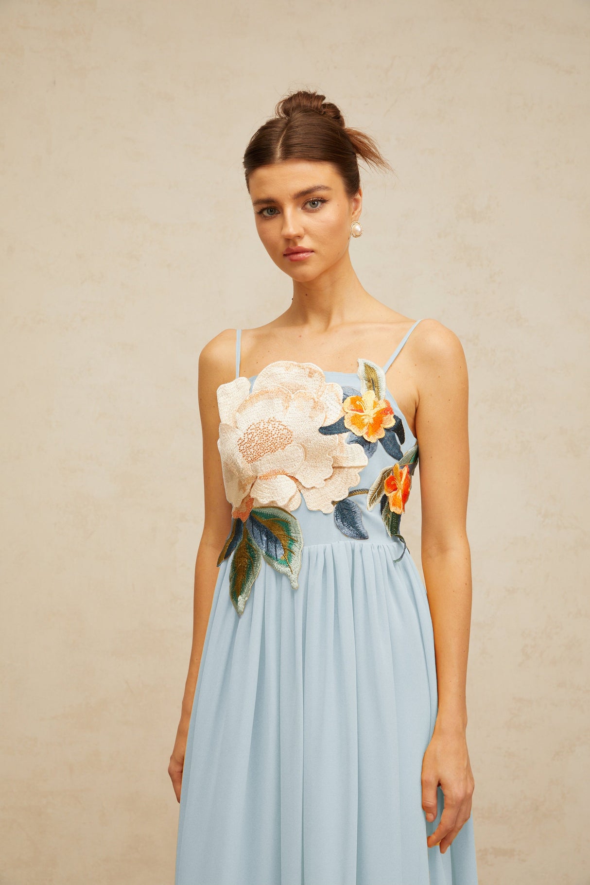 Aurohaya Josette floral-embroidered shirred maxi dress in Blue