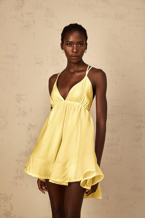 Aurohaya Quincie Yellow Shirred Flounced Mini Dress