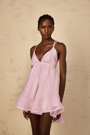 Aurohaya Quincie Pink Shirred Flounced Mini Dress