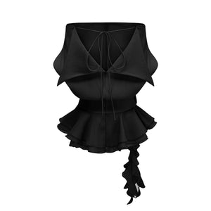 Aurohaya Amélie Black Floral Appliqué Flounced Mini Dress