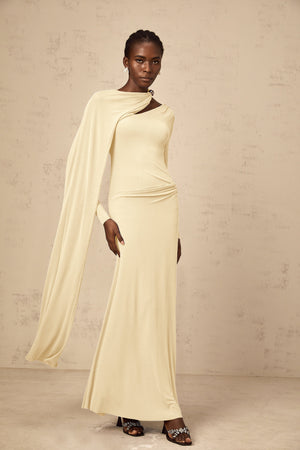 Aurohaya Josette Yellow Diagonal Shawl Fitted Maxi Dress