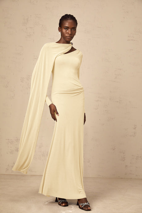 Aurohaya Josette Yellow Diagonal Shawl Fitted Maxi Dress