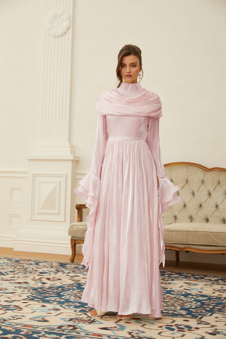 Aurohaya Danuta Pink Ruched Pleated Maxi Dress