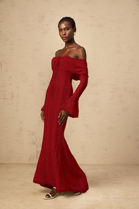 Aurohaya Émeline floral lace train-design maxi dress in Red