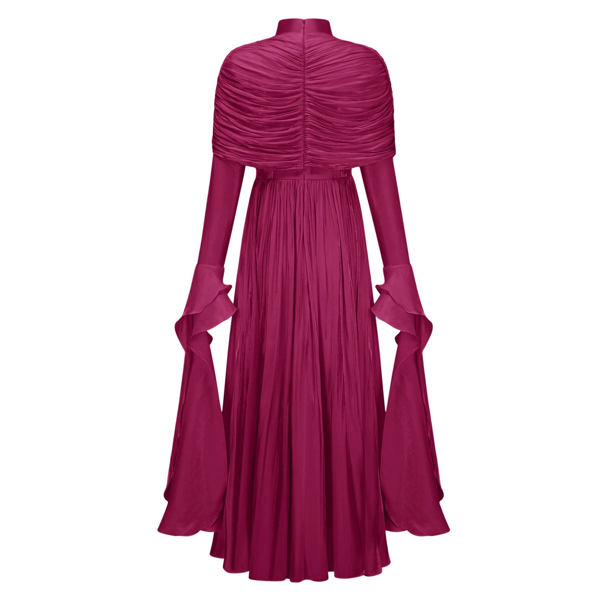 Aurohaya Gustave Burgundy Ruched Cape Ruffled Maxi Dress