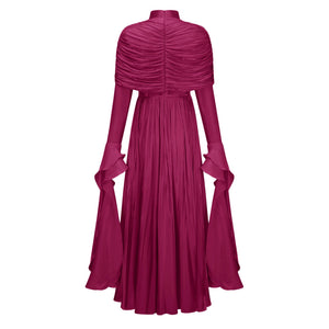 Aurohaya Gustave Burgundy Ruched Cape Ruffled Maxi Dress