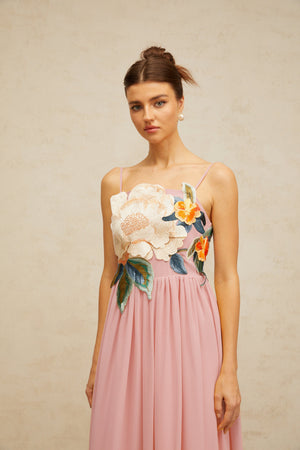 Aurohaya Josette floral-embroidered shirred maxi dress in Pink