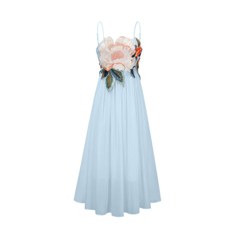 Aurohaya Josette floral-embroidered shirred maxi dress in Blue