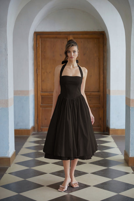 Aurohaya Eponine Black Layered Flared Hem Midi Dress
