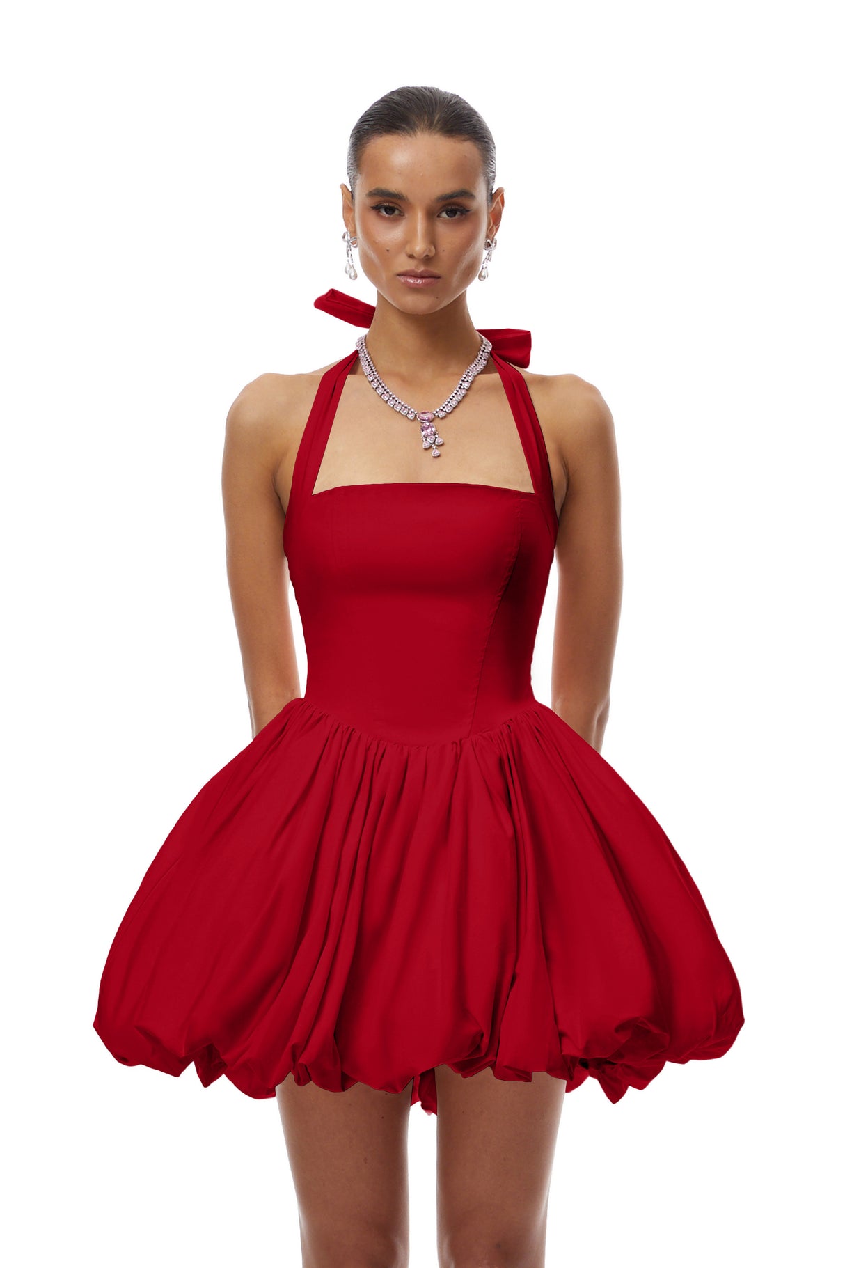 Aurohaya Anaelle Red Shirred Puffball Mini Dress