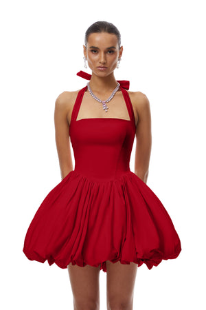 Aurohaya Anaelle Red Shirred Puffball Mini Dress