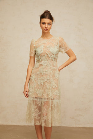Aurohaya Xaviera mint-green floral-lace midi dress