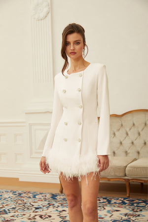 Aurohaya Freja White Feather Trim Mini Blazer Dress