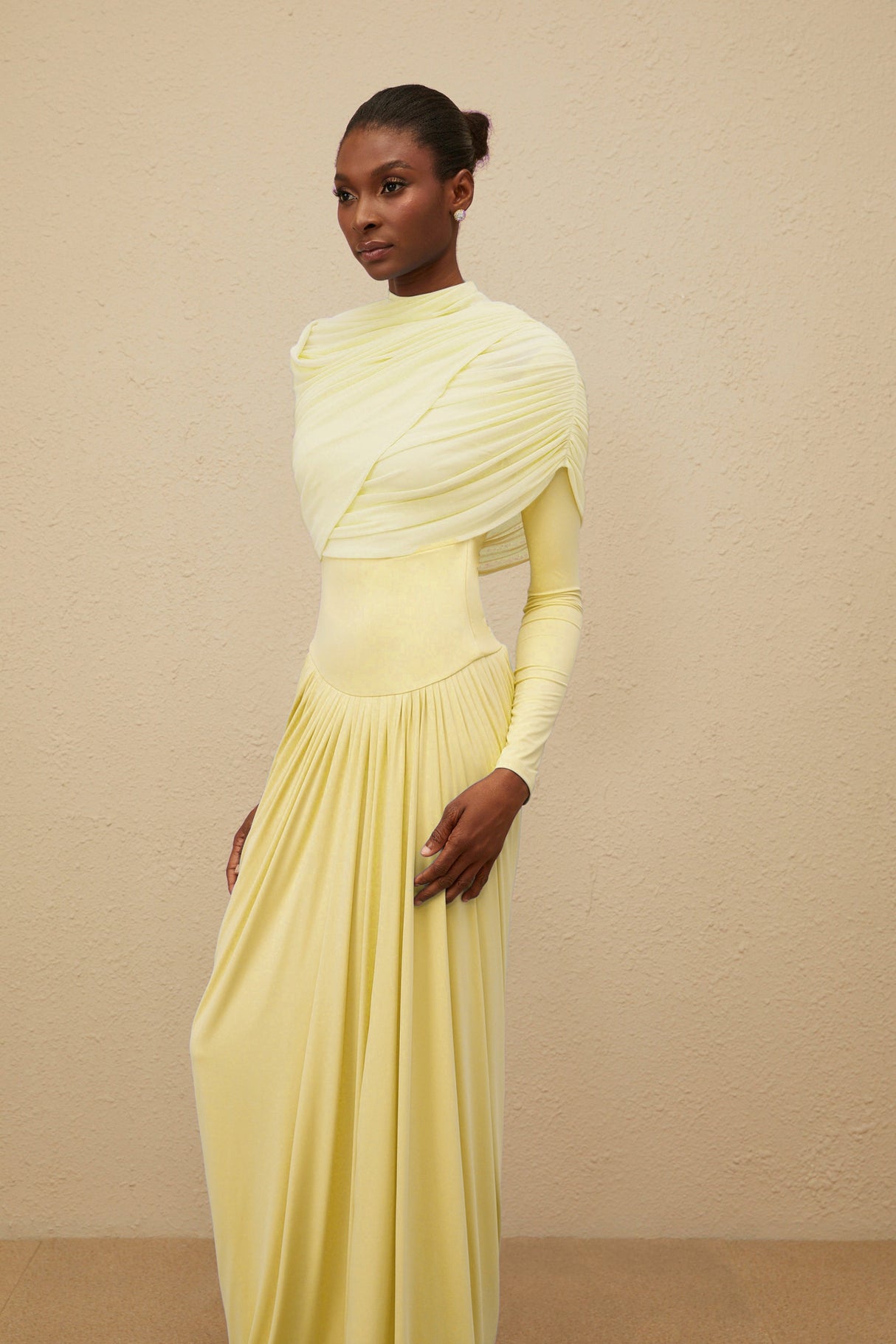 Aurohaya Catherine Yellow Asymmetrical Pleated Long-Sleeve Maxi Dress