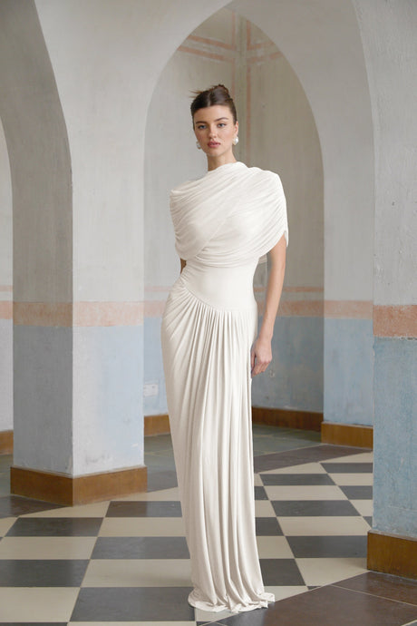 Aurohaya Catherine White Asymmetrical Pleated Maxi Dress