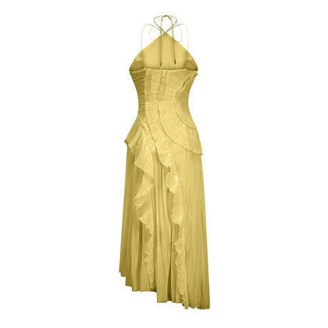 Aurohaya Doux Yellow Ruffled Trim Pleated Midi Dress