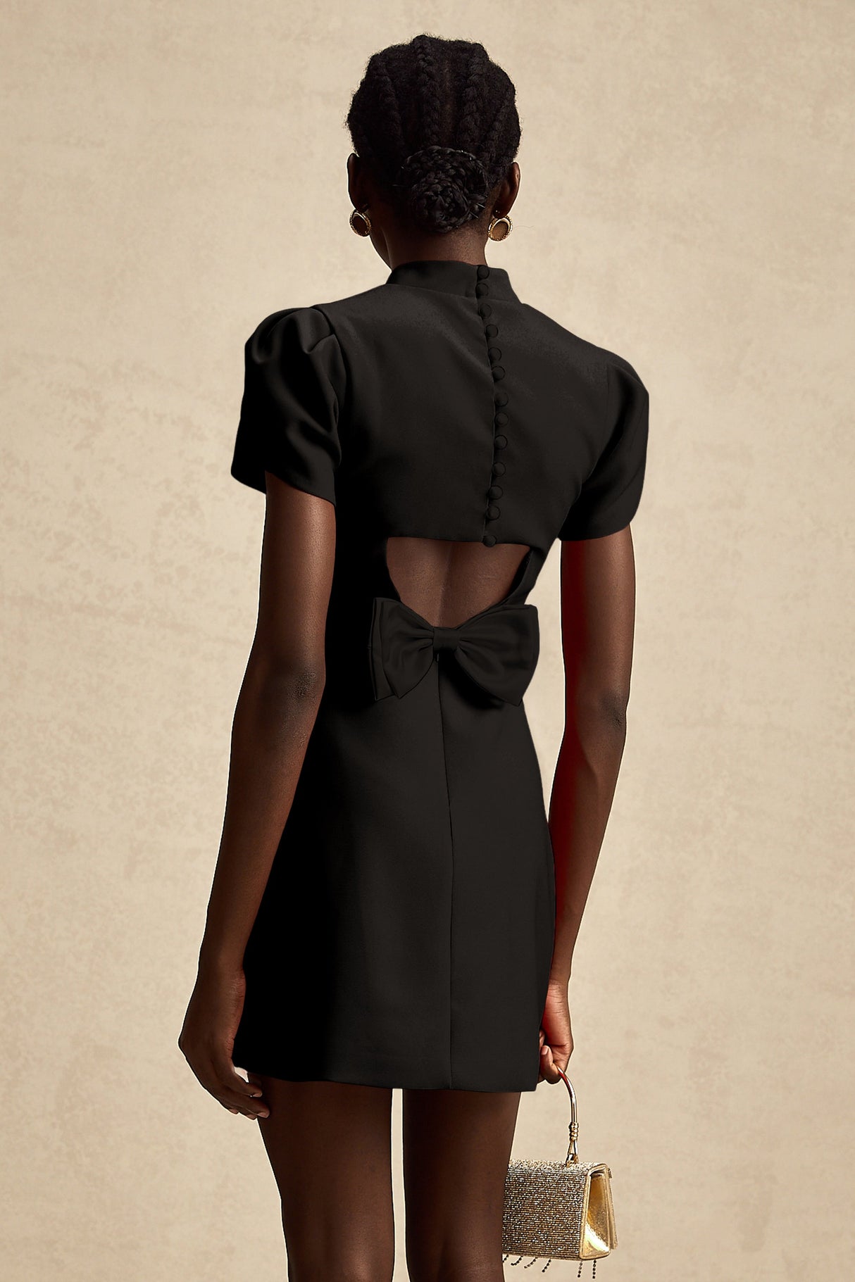 Aurohaya Anna Black Petal-Sleeve Cut-Out Bow Mini Dress