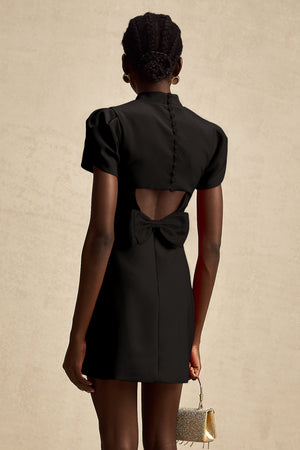 Aurohaya Anna Black Petal-Sleeve Cut-Out Bow Mini Dress