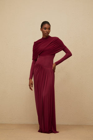 Aurohaya Catherine Red Asymmetrical Pleated Long-Sleeve Maxi Dress