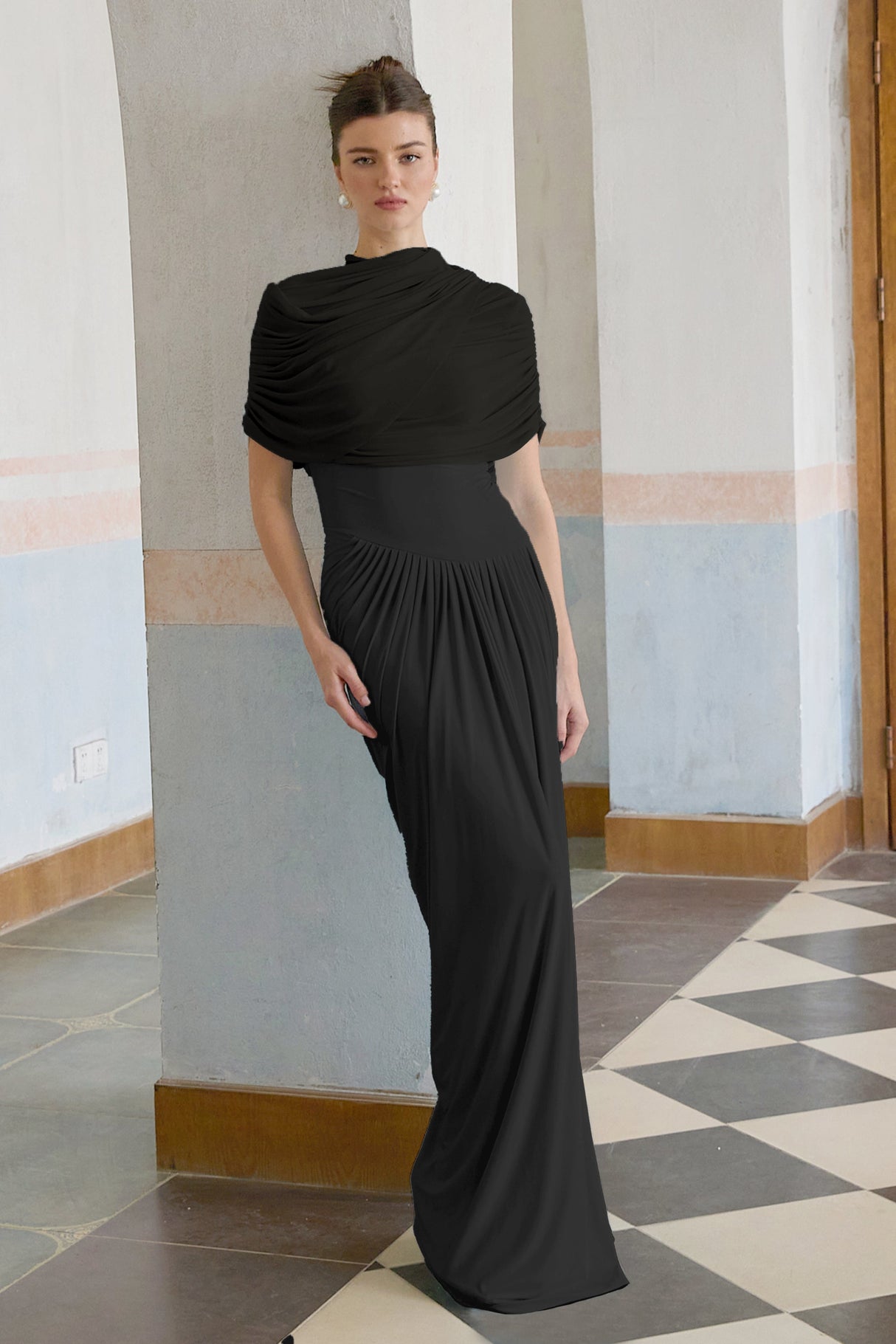 Aurohaya Catherine Black Asymmetrical Pleated Maxi Dress