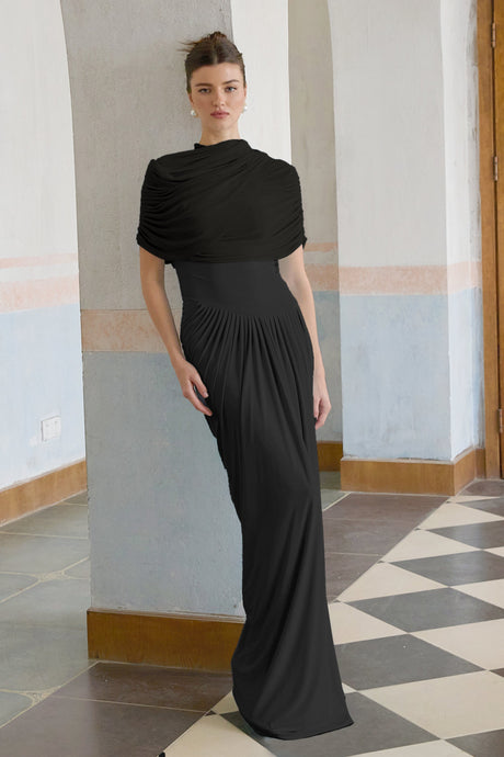 Aurohaya Catherine Black Asymmetrical Pleated Maxi Dress