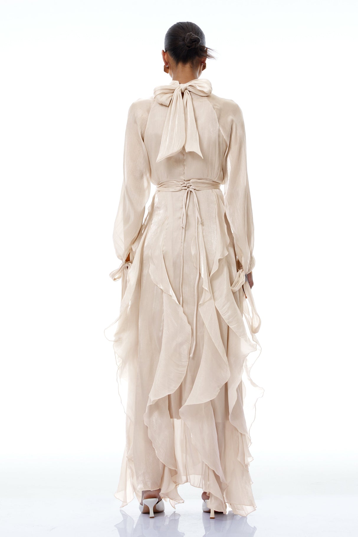 Aurohaya Zélie Neutral Glossy Pleated Ruffled Maxi dress