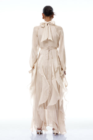 Aurohaya Zélie Neutral Glossy Pleated Ruffled Maxi dress