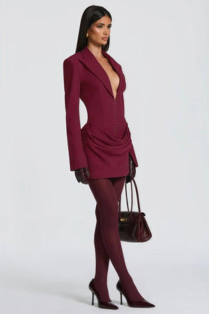 Aurohaya Rosette Burgundy Ruched Blazer Mini Dress