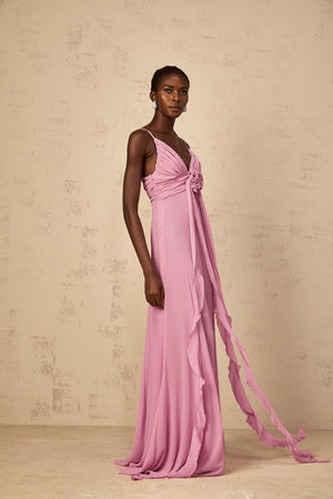 Aurohaya Ysandre Rose-Pink 3D Petal Tulle Maxi Dress