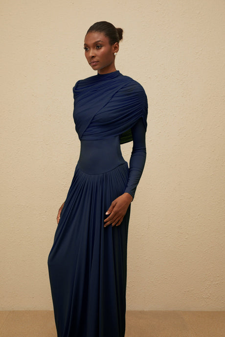 Aurohaya Catherine Navy-Blue Asymmetrical Pleated Long-Sleeve Maxi Dress