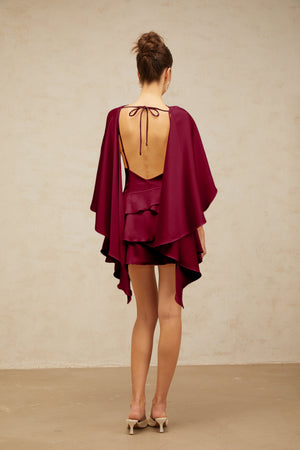 Aurohaya Lyna shawl-panel ruffled satin mini dress in Red