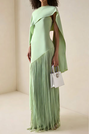 Aurohaya Cayetana Emerald Green Fringe Maxi Dress with Cape Effect