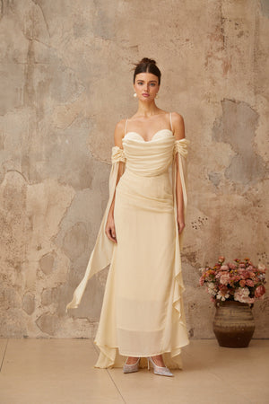 Aurohaya Mélusine Neutral Ruched Chiffon Maxi Dress