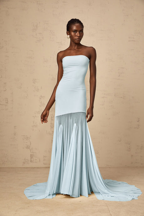 Aurohaya Josiane Blue Off-shoulder Sheer Tulle Maxi Dress