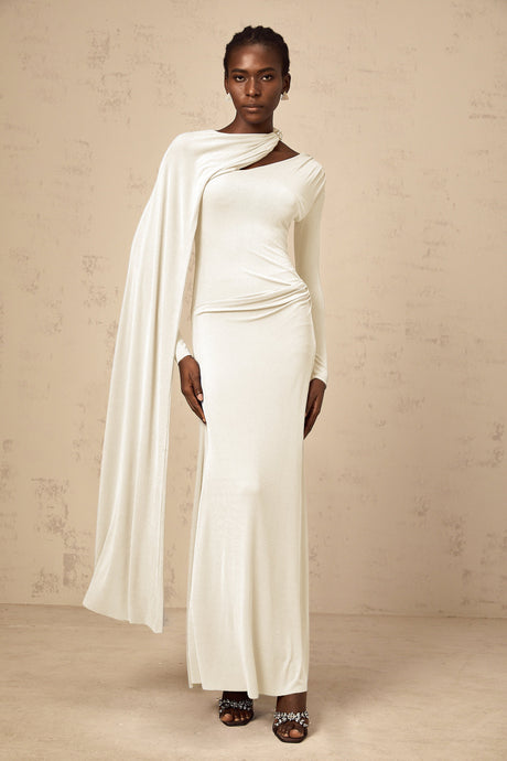 Aurohaya Josette White Diagonal Shawl Fitted Maxi Dress