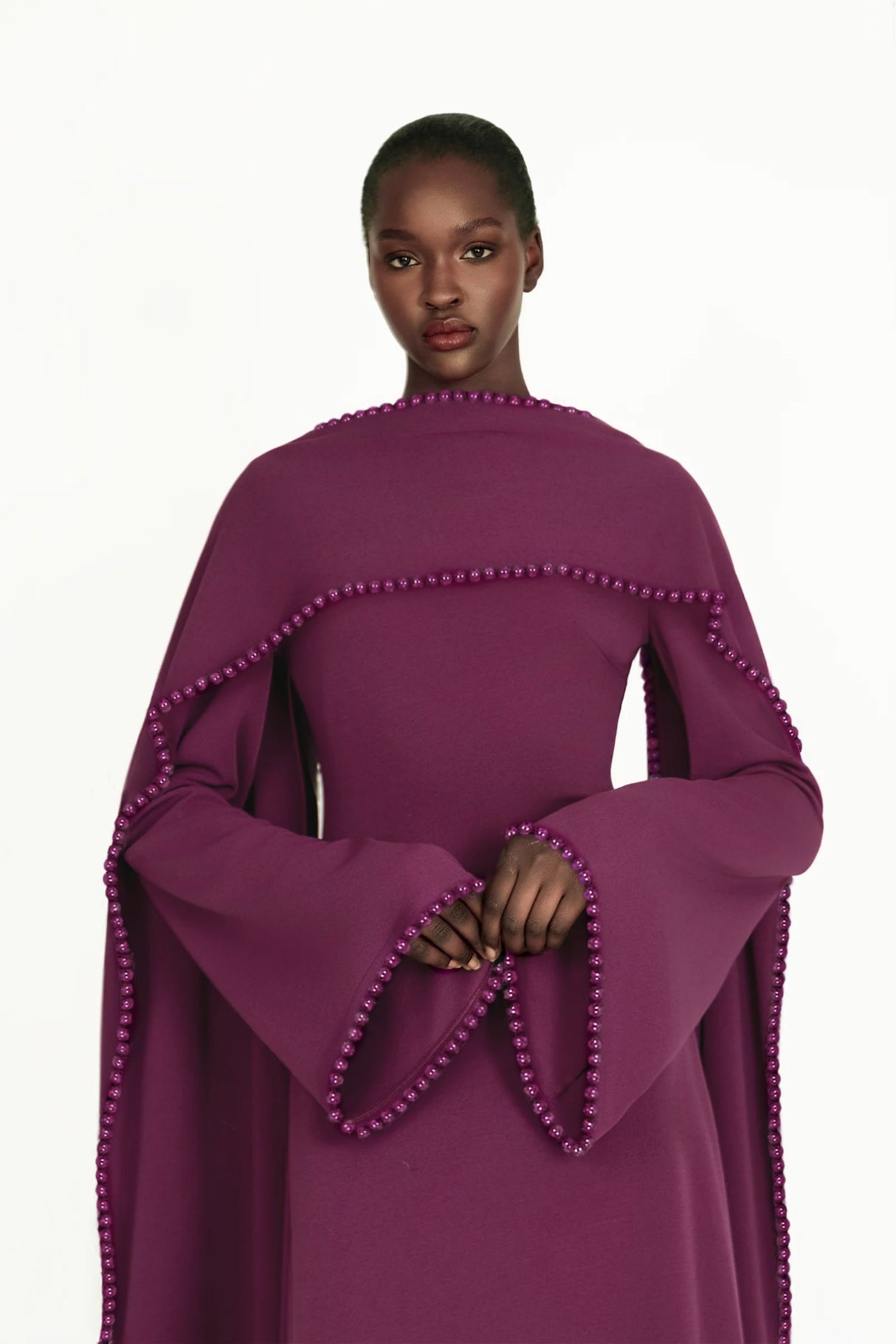 Aurohaya Piroska Purple Pearl Trim Shawl Detail Maxi Dress