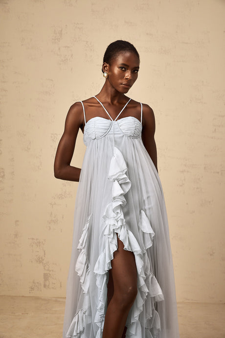 Aurohaya Colette layered ruffled tulle maxi dress in Blue