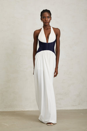 Aurohaya Airi White Halterneck Denim Panel Maxi Dress