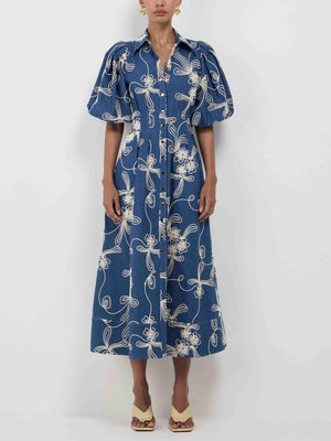 Aurohaya Elegant Denim Jacquard Waist Midi Dress