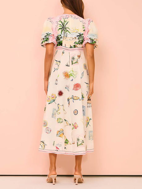 Aurohaya Feature Printed Ethnic Style Round Neck Midi Dress