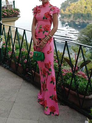 Aurohaya Cheongsam Rose Floral Print Tiered Flare Sleeve Stretch Maxi Dress Pink
