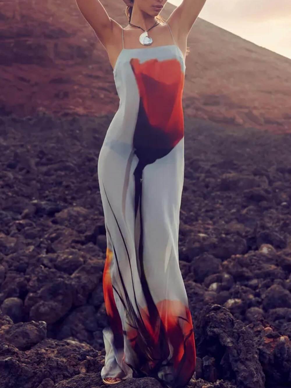 Aurohaya Vacation Abstract Tulip Print Slip H-Line Maxi Dress
