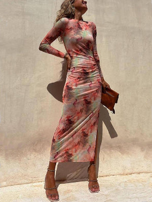 Aurohaya Charm Lady Mesh Overlay Tie Dye Print Long Sleeve Ruched Stretch Midi Dress Pink