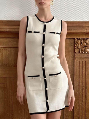 Aurohaya Exquisite Splicing Button Sleeveless Mini Dress White