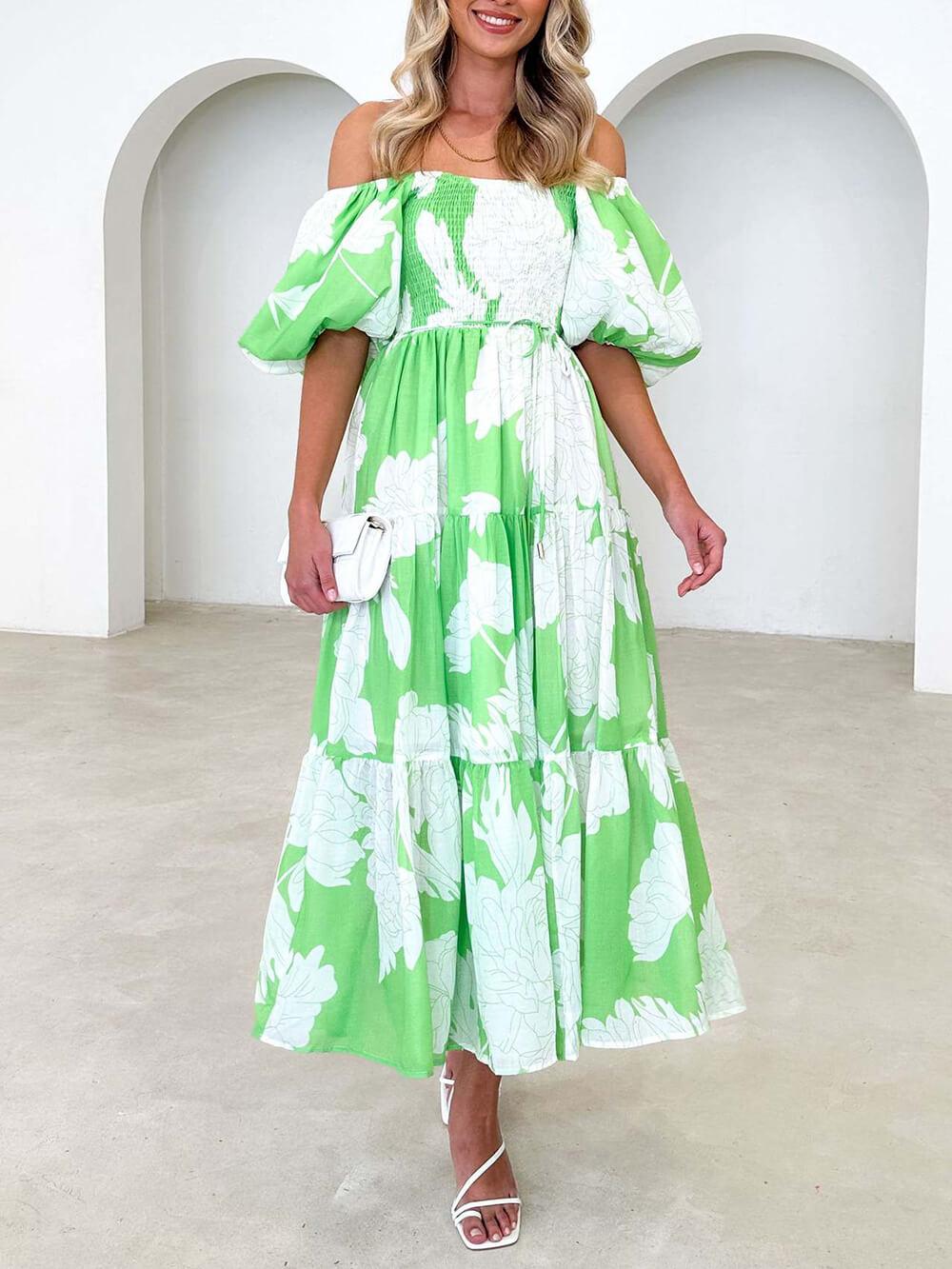 Aurohaya Unique Floral Print Patchwork Up Pleated Maxi Dress Green